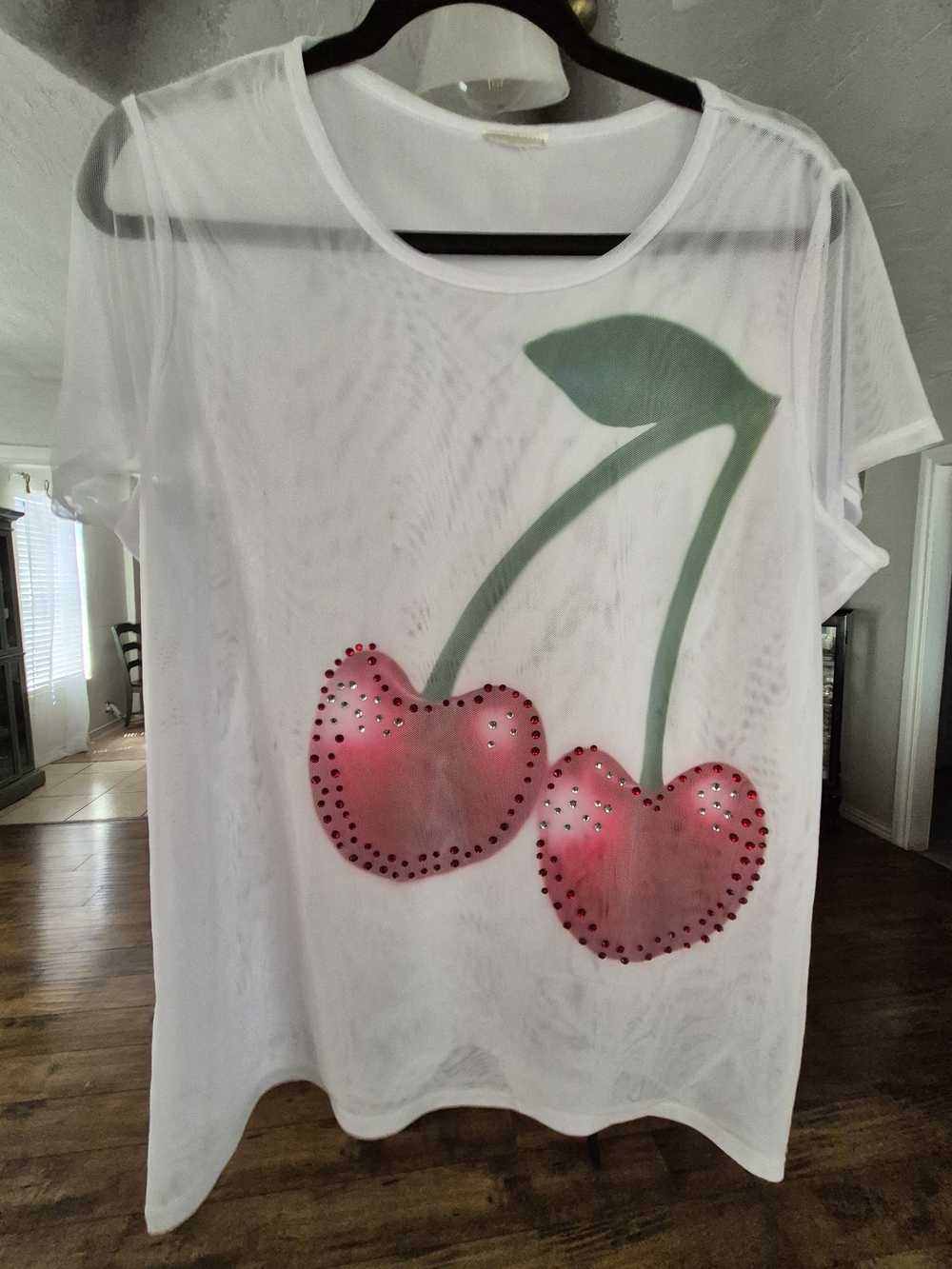 White Sheer Tee with Studded Cherry Graphic